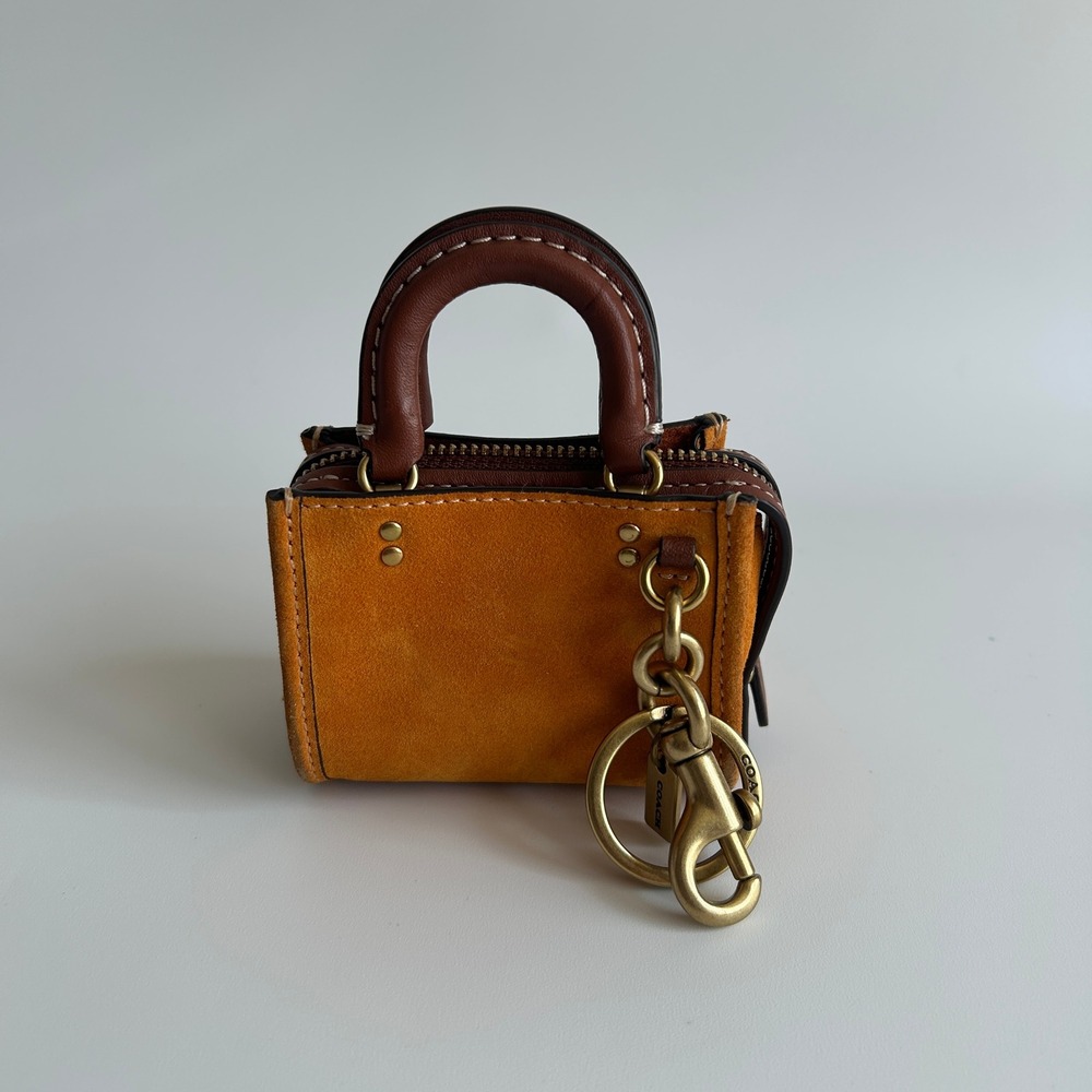 Coach Mini Rogue Bag Charm Papaya Glovetanned Leather Suede Keychain CA517